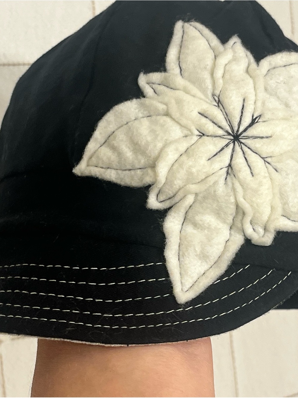 Black Cap with White Floral Applique - Women's Accessory Flipside Hats